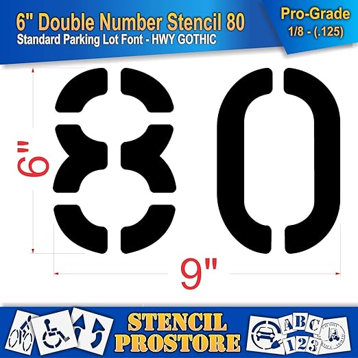 Pavement, Curb, and WheelStop Stencils - 6 inch Double Number Stencil - (80) - 6" x 9" x 1/8" (128 mil) - Pro-Grade