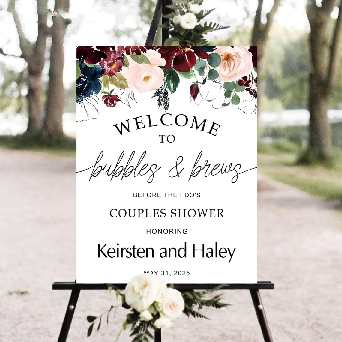 Personalized Greenery Eucalyptus Bubbles and Brews Couples Shower Welcome Sign, Gold Modern Minimalist Wedding Shower Bridal Party Decoration, Outdoor Plastic Sign Weatherproof #3