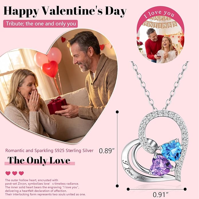 Double Birthstone Heart Necklace 0.8CT Dual-Gemstone S925 Sterling Silver Plated White Gold Engraved I Love You Perfect Anniversary/Valentine's Day Gift for Wife/Girlfriend/Mom/Daughter