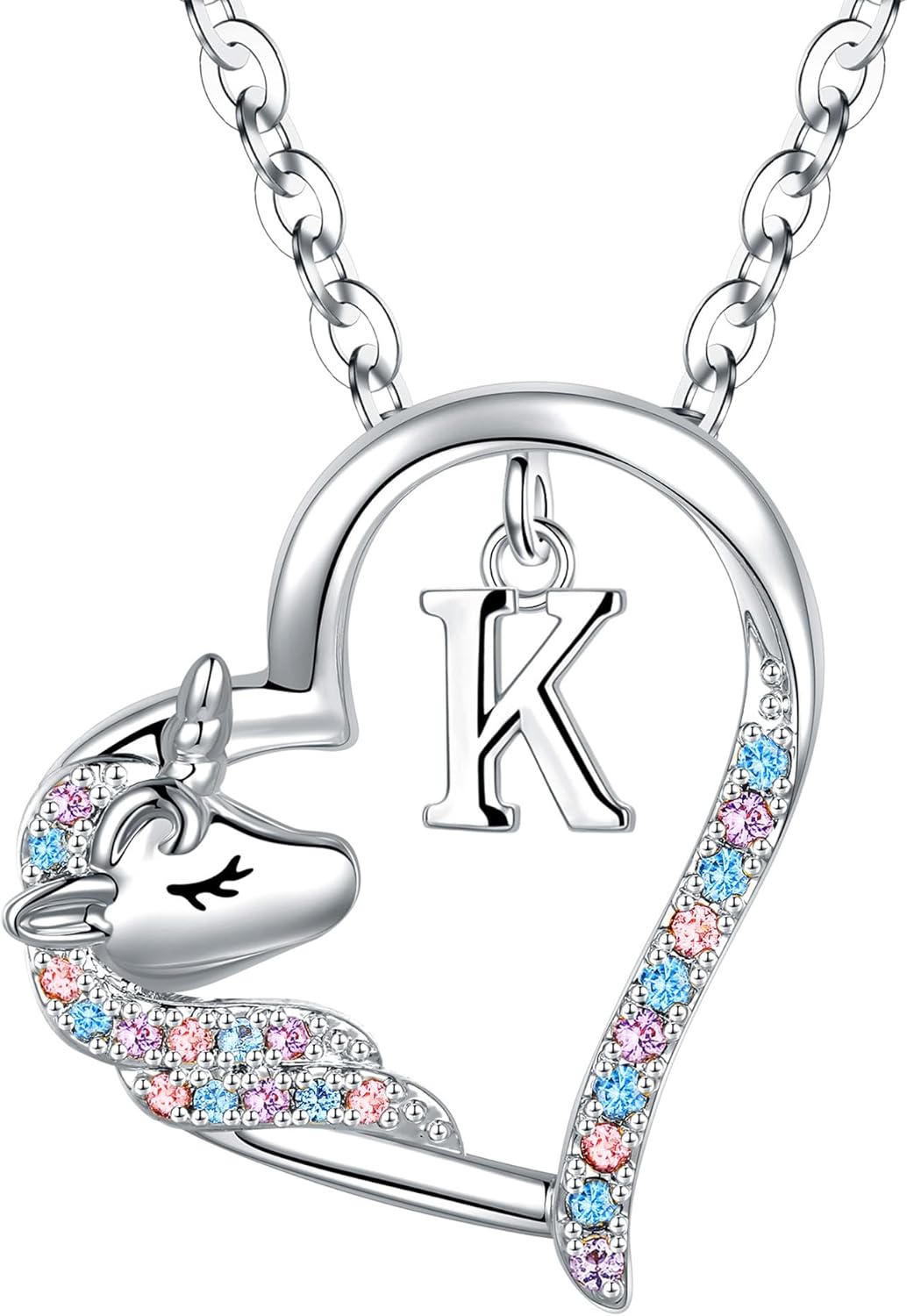 Anoup Unicorn Gifts for Girls Necklace - Colorful CZ Heart Pendant A-Z Initial Necklaces Cute Unicorns Jewelry Birthday Gift for Girl