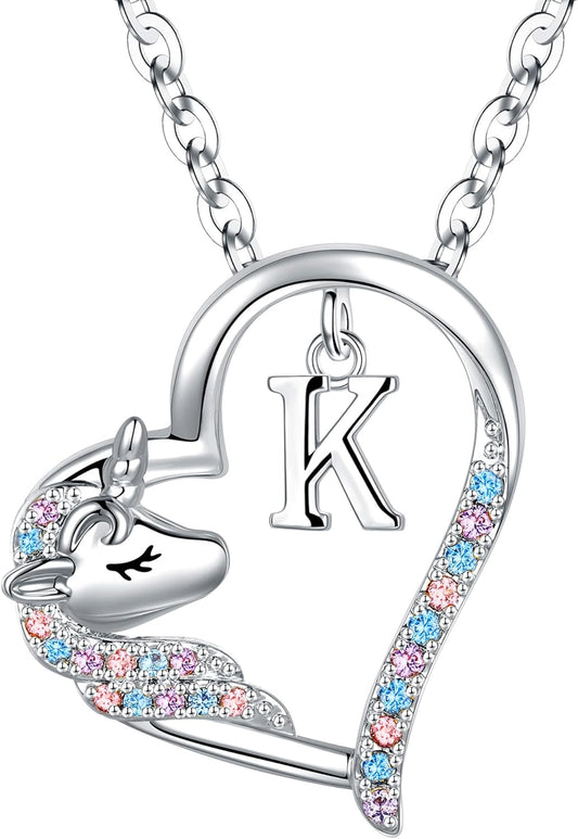 Anoup Unicorn Gifts for Girls Necklace - Colorful CZ Heart Pendant A-Z Initial Necklaces Cute Unicorns Jewelry Birthday Gift for Girl
