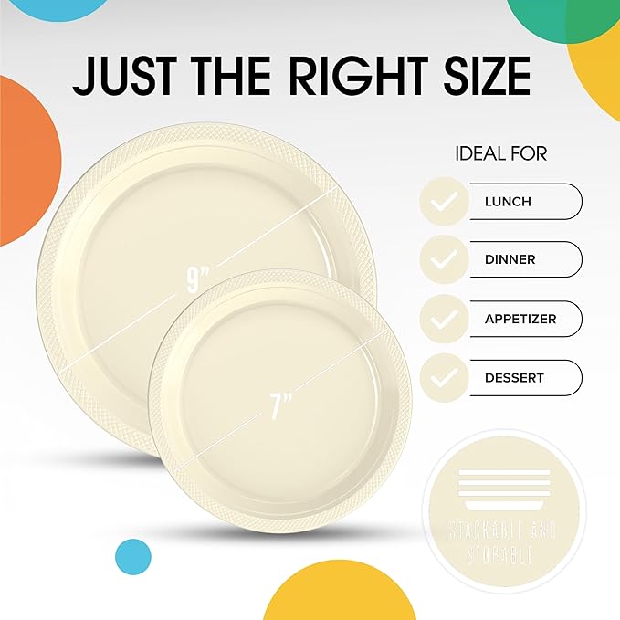 Party Solids Ivory Plastic Plates For Party Supplies, Ivory Disposable Plates 100 Pieces - 50-7" & 50-9" Heavy Duty 350 GSM Disposable Dinnerware Sets, Plastic Dinnerware Sets