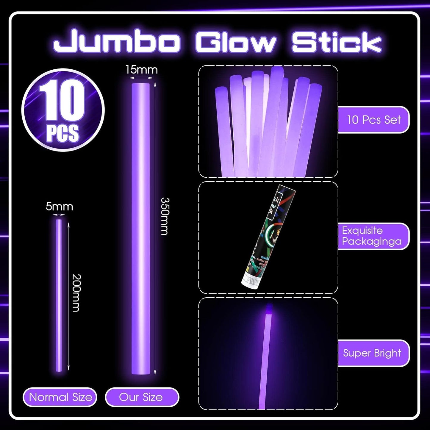 Lewtemi 10 Pcs Large Glow Sticks Big Giant Jumbo Halloween Christmas Emergency Light Stick for Camping Accessories, Survival Kit