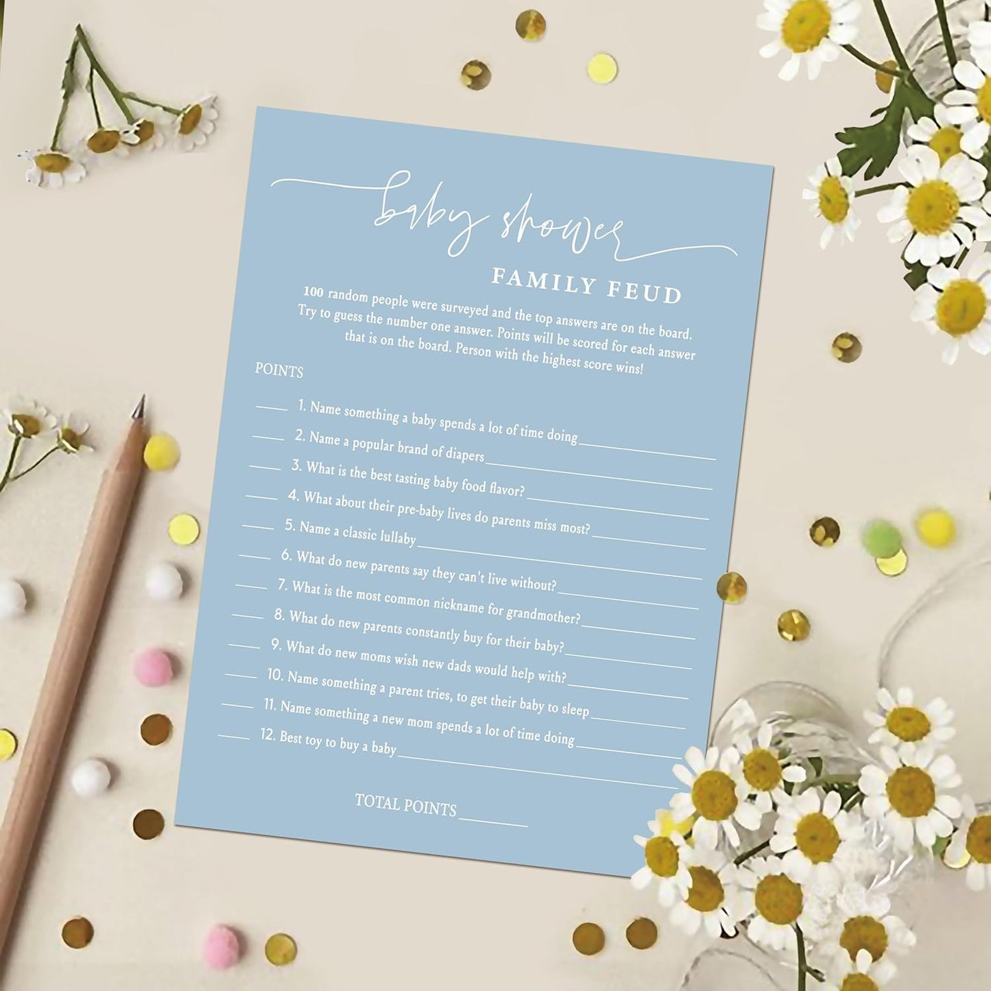 Baby Shower Family Feud Game - 30 Cards, Answer Key, Gender Neutral Decorations for Boy & Girl - Bluish