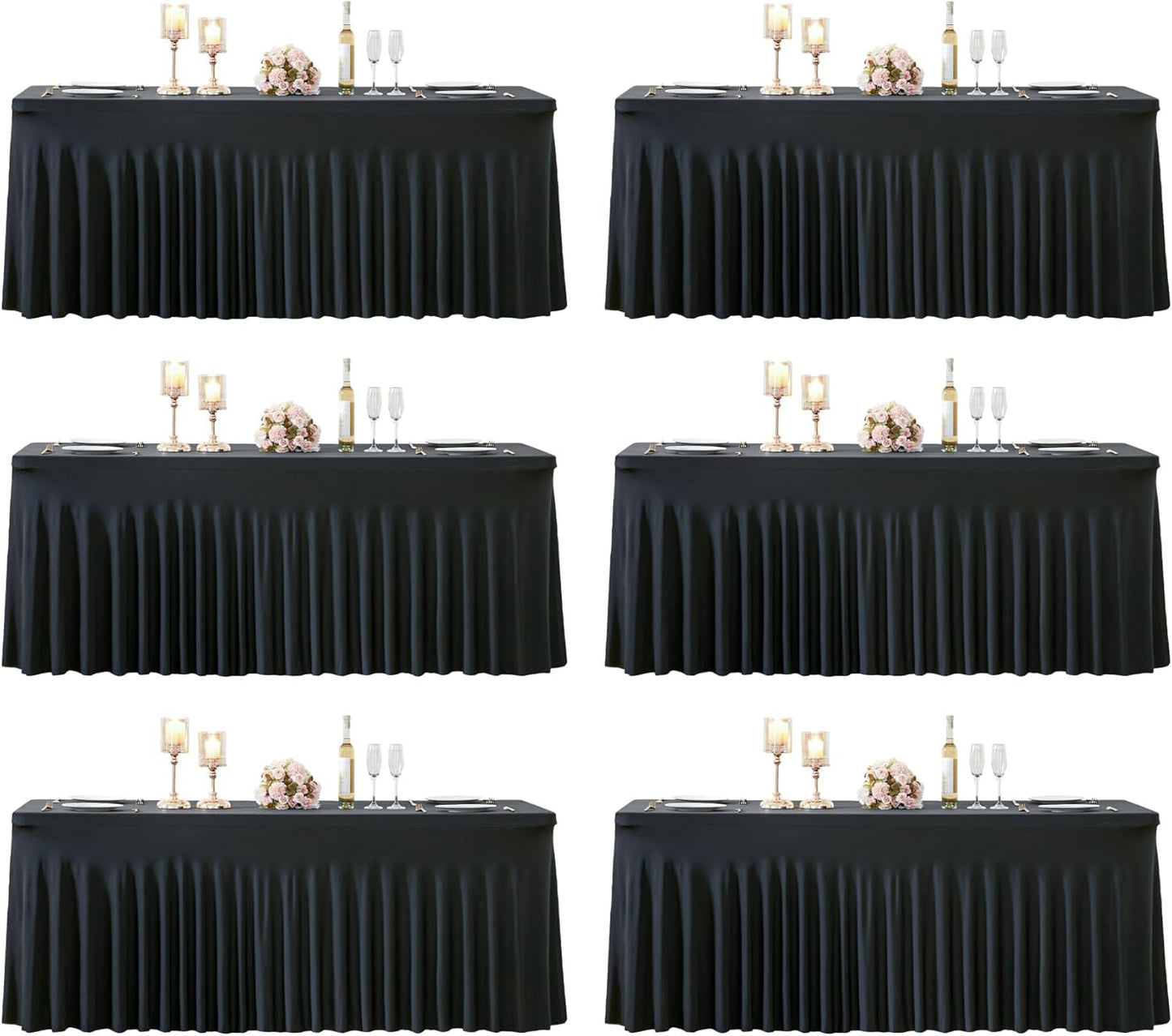 6 Pack 8ft Black Spandex Tablecloths for Rectangle Tables Wrinkle Free Black Rectangle Table Cloths, Stretch Fitted Table Cover with Skirt for Wedding Birthday Party Banquet Baby Shower Buffet Event