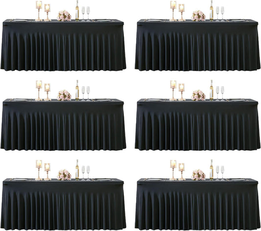 6 Pack 8ft Black Spandex Tablecloths for Rectangle Tables Wrinkle Free Black Rectangle Table Cloths, Stretch Fitted Table Cover with Skirt for Wedding Birthday Party Banquet Baby Shower Buffet Event