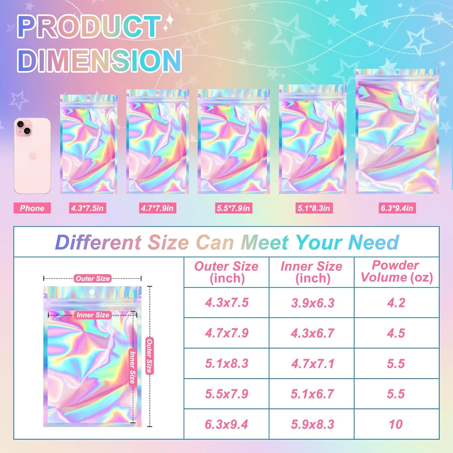 ANZNKU 100 Pack Mylar Bags Reasealable Holographic Bags, Smell Proof Bag Zipper Pouches with Clear Window, Jewelry Candy Sealable Bag for Packaging Sample Party Favor (5.5 x 7.9 Inch)
