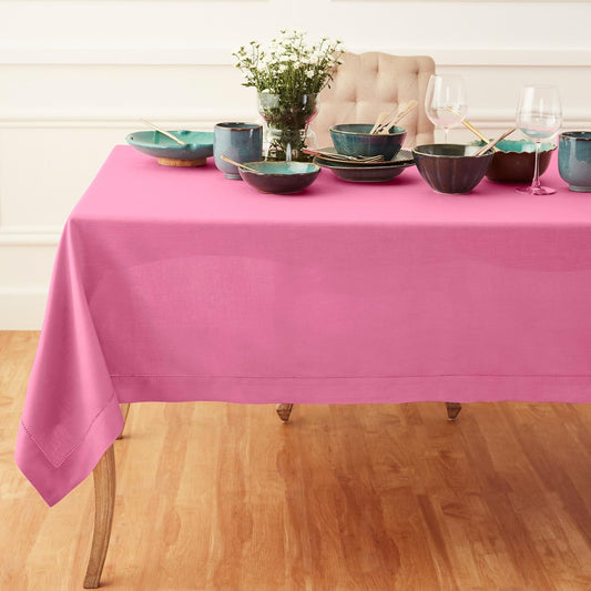Solino Home Linen Flamingo Pink Tablecloth 60 x 144 Inch - Classic Hemstitch, 100% Pure Linen Rectangular Tablecloth - Machine Washable Table Cloth for Halloween