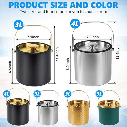 Ice Bucket, Ice Bucket with Silicone Sealing Ring Double-Wall Vacuum Insulation Champagne Buckets with Filter Layer Ice Tongs Ice Scoop (Black, 4 L)