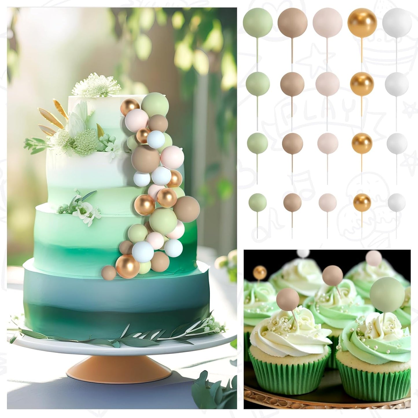 138 Pcs Balls Cake Topper Decorations Balloon Cupcake Toppers Foam Multisize Cake Topper Balls for Birthday Party Wedding Anniversary(Assorted Brown,Matcha Green,Khaki)