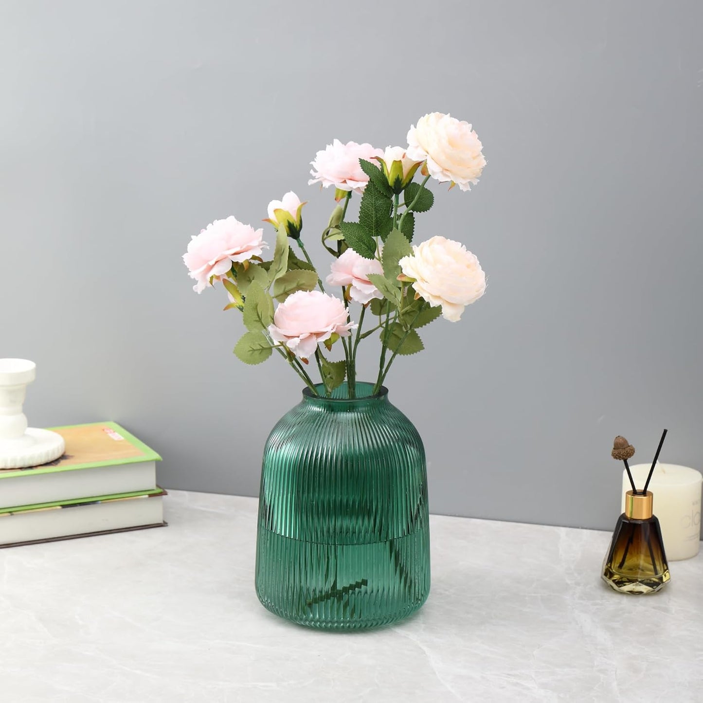 Green Glass Vase, Large Vase for Flowers, Flower Vases for Bouquet, Ribbed Glass Vases for Living Room, Bathroom, Dining Table, Office, Wedding, Centerpieces, 8 Inches