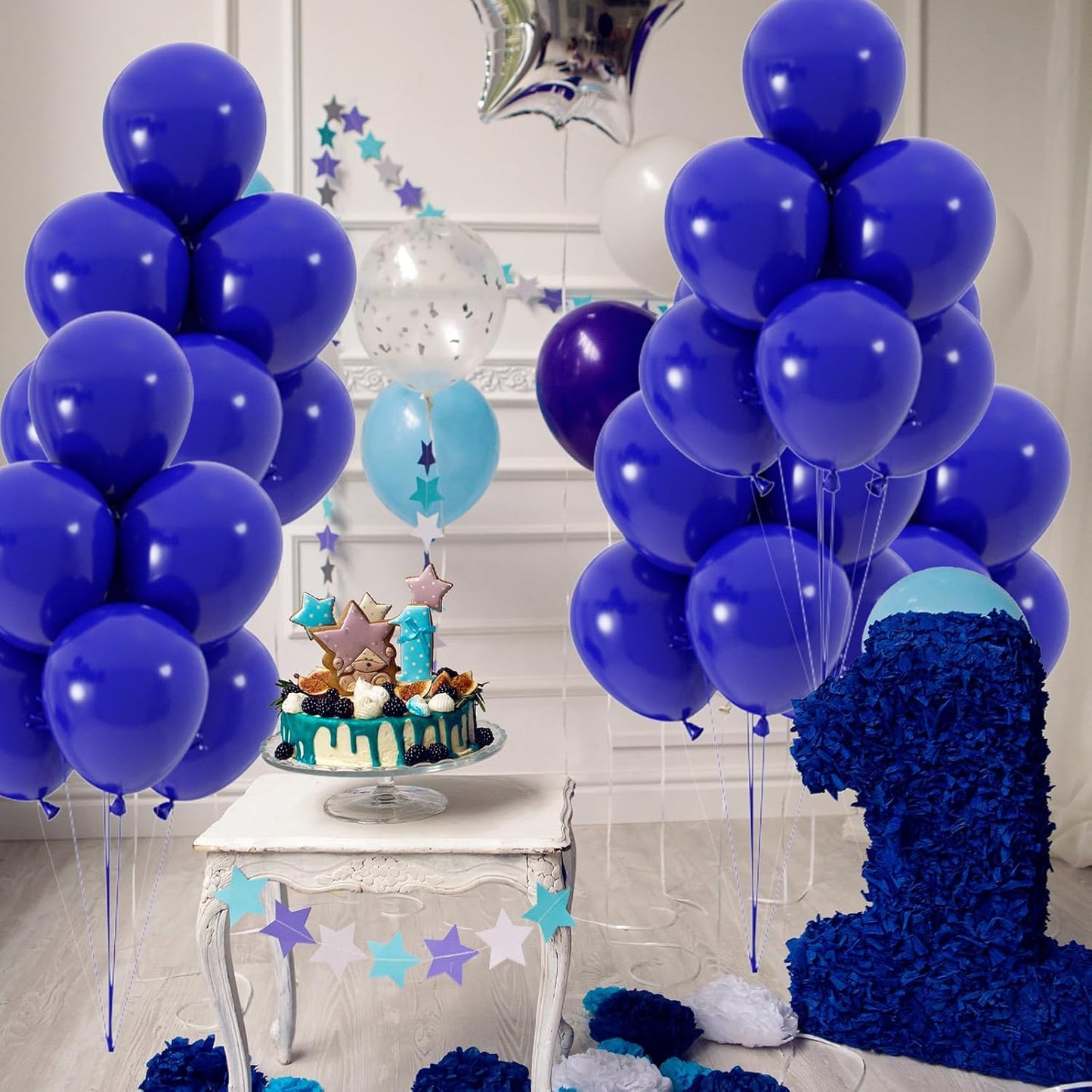 50pcs Royal Blue Balloons, 12inch Helium Quality Dark Blue Party Balloons for Birthday Graduation Baseball Party 4th of July Backdrops (with Ribbon & Glue)