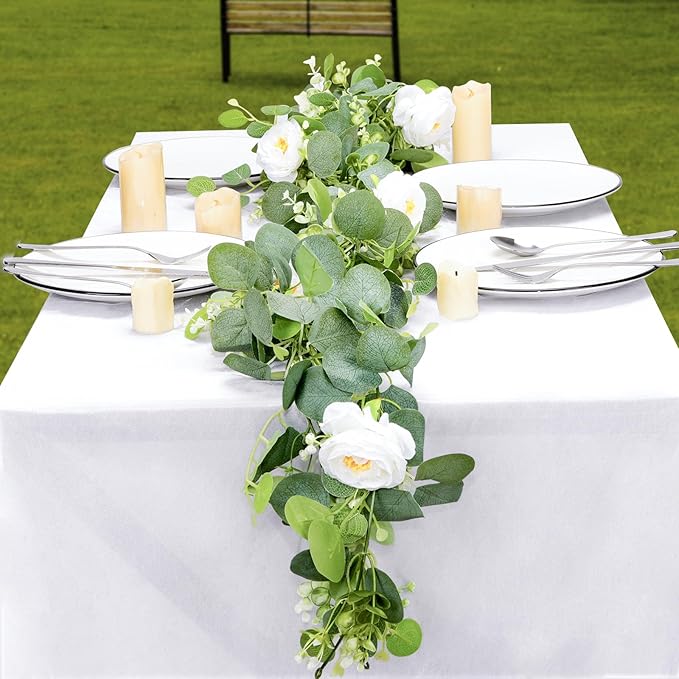 Artificial Eucalyptus Garland with Flowers White Roses 2PCS 11.8FT Faux Greenery Garland Fake Eucalyptus Leaves for Wedding Arch Farmhouse Mantle Table Runner Decor Centerpiece Home Party Decor