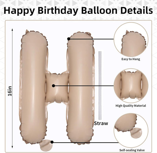 Happy Birthday Balloon Banner Beige, 16 Inch Neutral Tan Self Inflating Happy Birthday Foil Balloon, Nude Born Day Bunting Banner Letter Balloons for Men Women Bday Party Decorations Supplies
