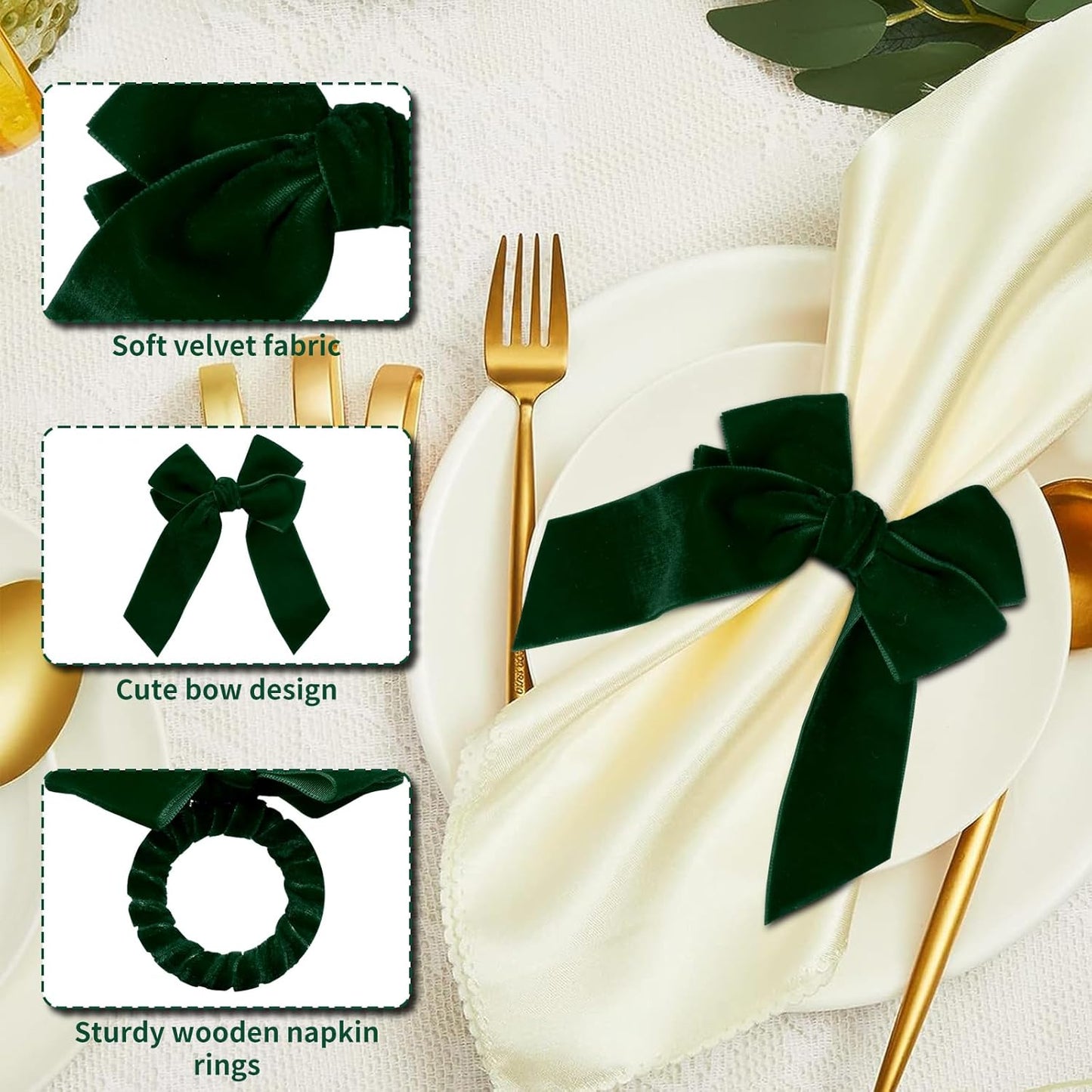 Velvet Bow Napkin Rings, Set of 4 Christmas Bowknot Napkin Holder Ring Dining Table Decor for Xmas Dinner Parties Wedding Holiday Home Table Setting(Green Bow)