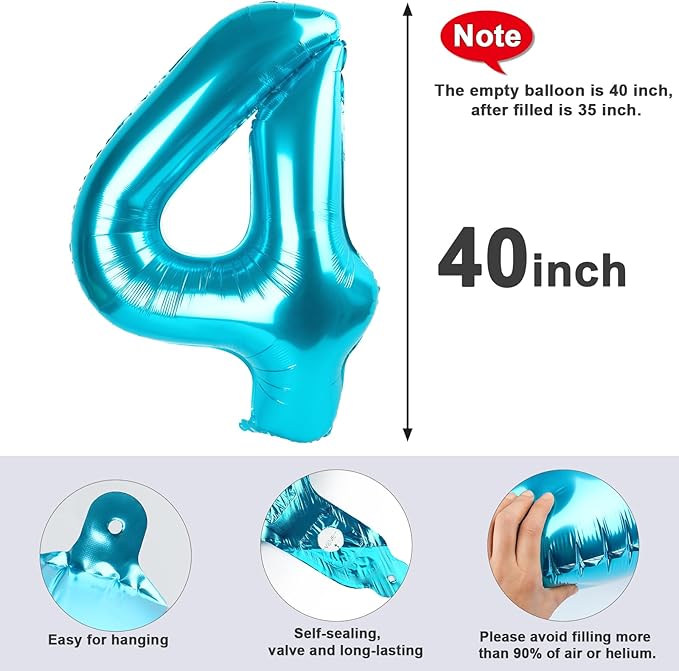 40 Inch Large Numbers Balloon, 4 Light Blue Ballon for 4th 14 40 44 Birthday Party, Balloon 4 Number for Graduations Wedding Supplies