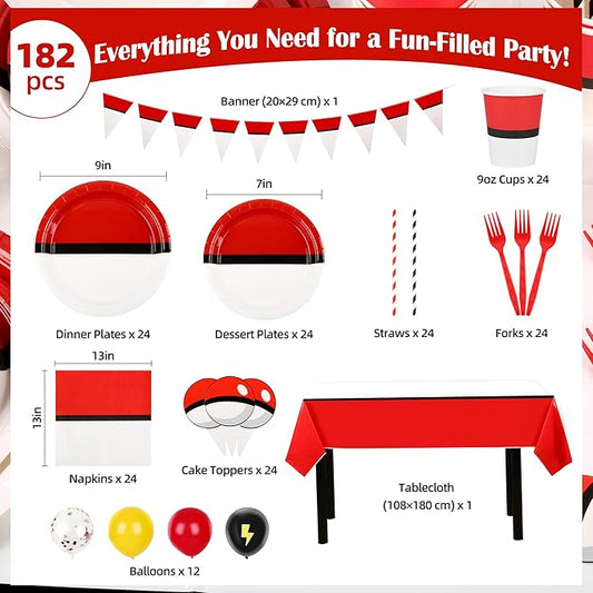 Cartoon Birthday Party Supplies Bundle – 182-Piece Disposable Tableware & Decorations Set Including Tablecloth, Banner, Cups, Plates & Napkins for 24 Guests