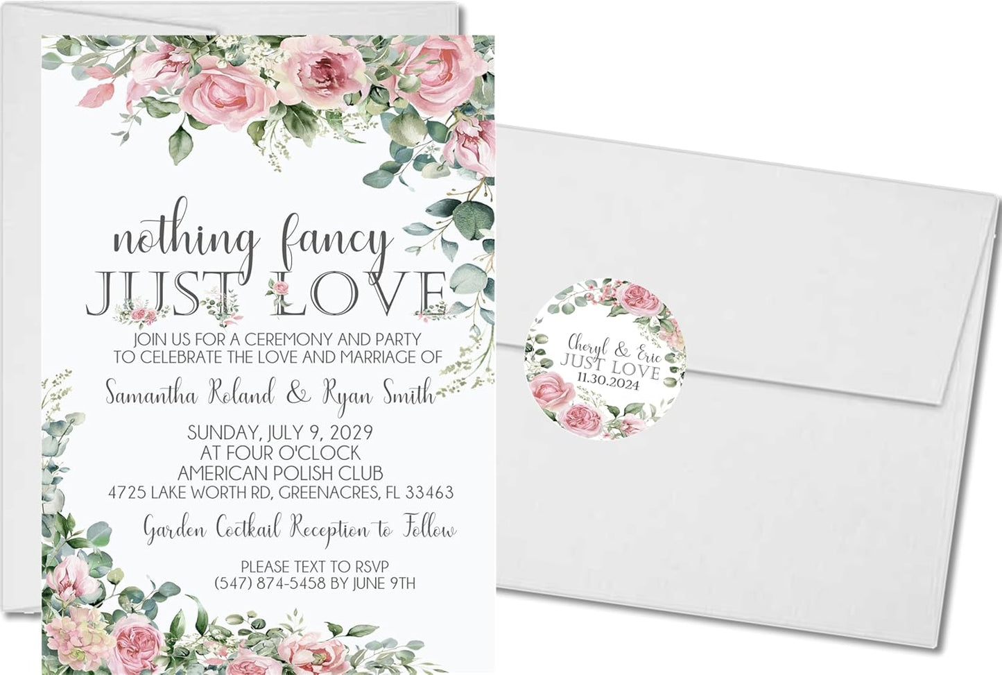 Pink Rose Wedding Invitations, Garden Floral, Personalized, Set of 12 Invitations with Envelopes