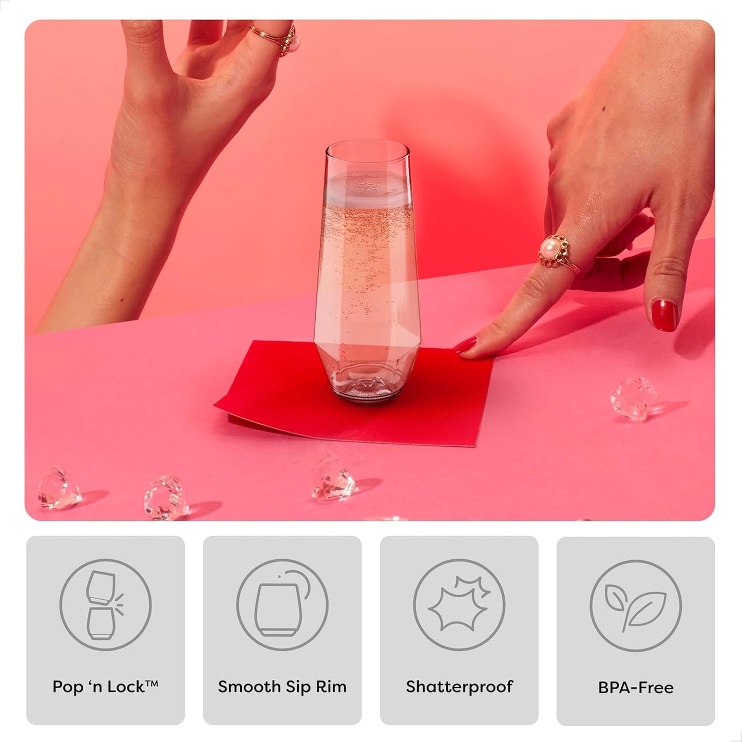 Tossware POP 9 oz. Diamond Plastic Champagne Flute Set - Clear Plastic Champagne Glasses for Parties - Shatterproof & BPA-Free - Premium Quality, Disposable & Recyclable - Set of 12