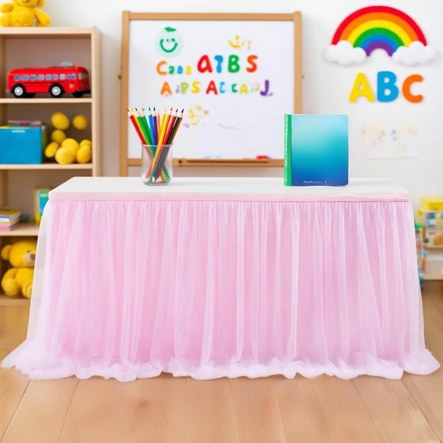 6FT Tulle Table Skirt for Teacher Desk Rectangular Ruffle Table Back to School Supplies for Kindergarten Preschool Middle School Classroom Decor, Pink