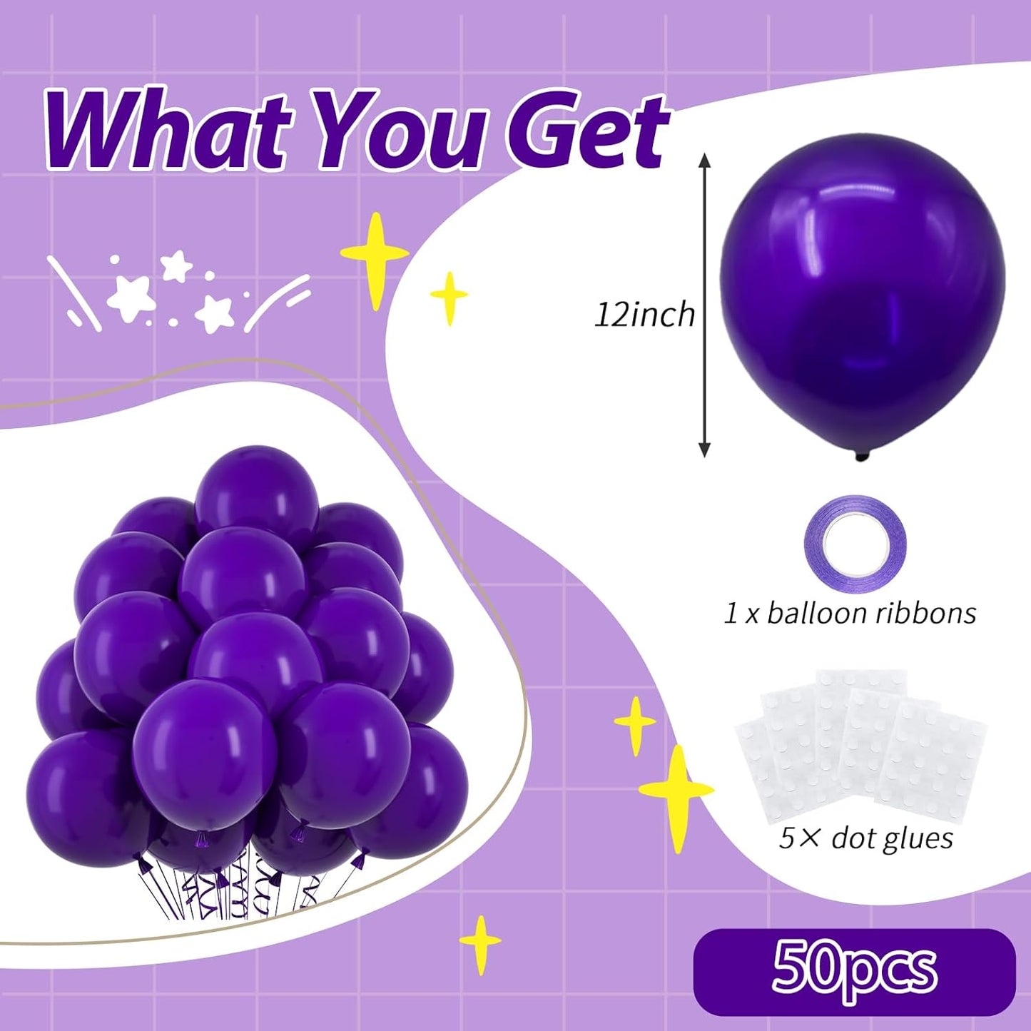 50pcs Dark Purple Balloons, 12inch Helium Quality Deep Purple Latex Balloon for BOHO Birthday, Halloween, Wedding Party Decorations(With Ribbon & Glue)