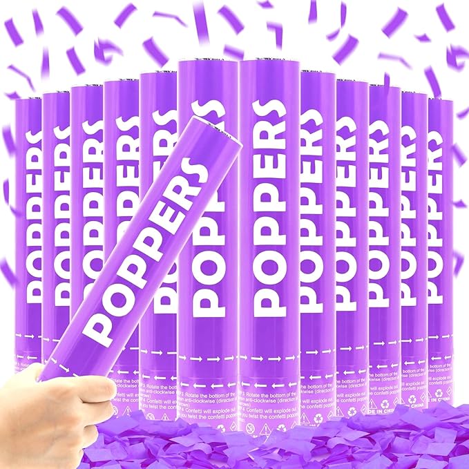 Confetti Cannon 12Pack Purple Party Popper Shooters 12 Inch Confftti Poppers for Wedding Birthday Graduation Christmas New Year Eve Party Supply Launches 20-25ft
