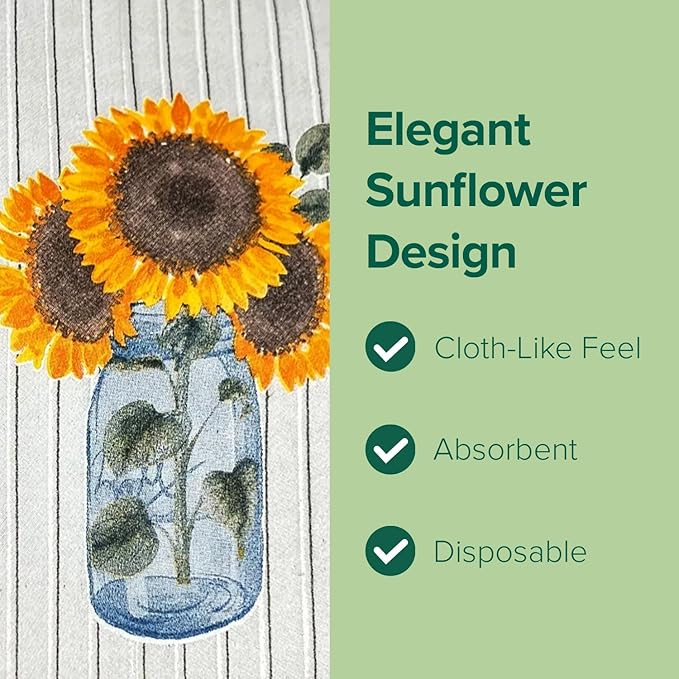 SimuLinen Decorative Sunflower Disposable Bathroom Guest Towels - Cloth-Like, Single-Use, Linen Feel Paper Towels, 12x17", 300ct (Made in Germany)