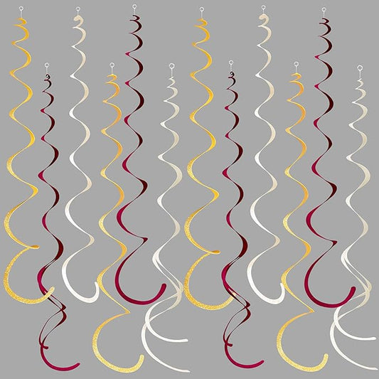 36 Pcs Maroon Gold Hanging Swirl Decorations Glitter Gold Burgundy Beige Felt Swirl Streamer Spiral Ceiling Garland for Birthday Graduation Wedding Baby Shower Retirement Anniversary Garnet Party