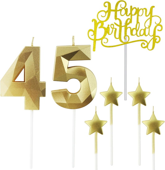 Golden Number 45 Birthday Candles and Star Birthday Candles 2.76 inch Birthday Cake Candles 3D Diamond Shaped Candles are Suitable for Birthday Parties and Anniversary Cake Decorations Candles