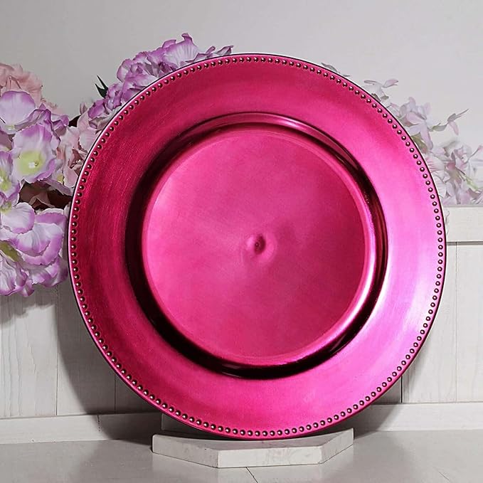 Efavormart 12 pcs 13" Hot Pink Beaded Round Charger Plates for Tabletop Decor Holiday Wedding Catering Event Decoration