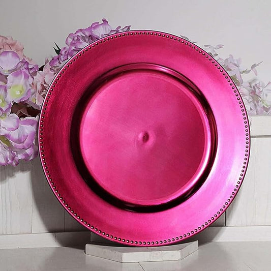Efavormart 6 pcs 13" Hot Pink Beaded Round Charger Plates for Tabletop Decor Holiday Wedding Catering Event Decoration