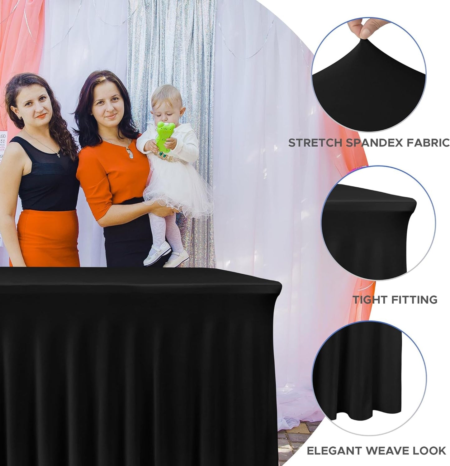 Nasitos Black Table Skirt for 8 Foot Rectangle Tables, 2 Pack - 96 x 30 Inch - Stretch Spandex Fitted Table Clothes, Fabric Table Covers Cocktail Tablecloths for Party, Banquet, Birthday