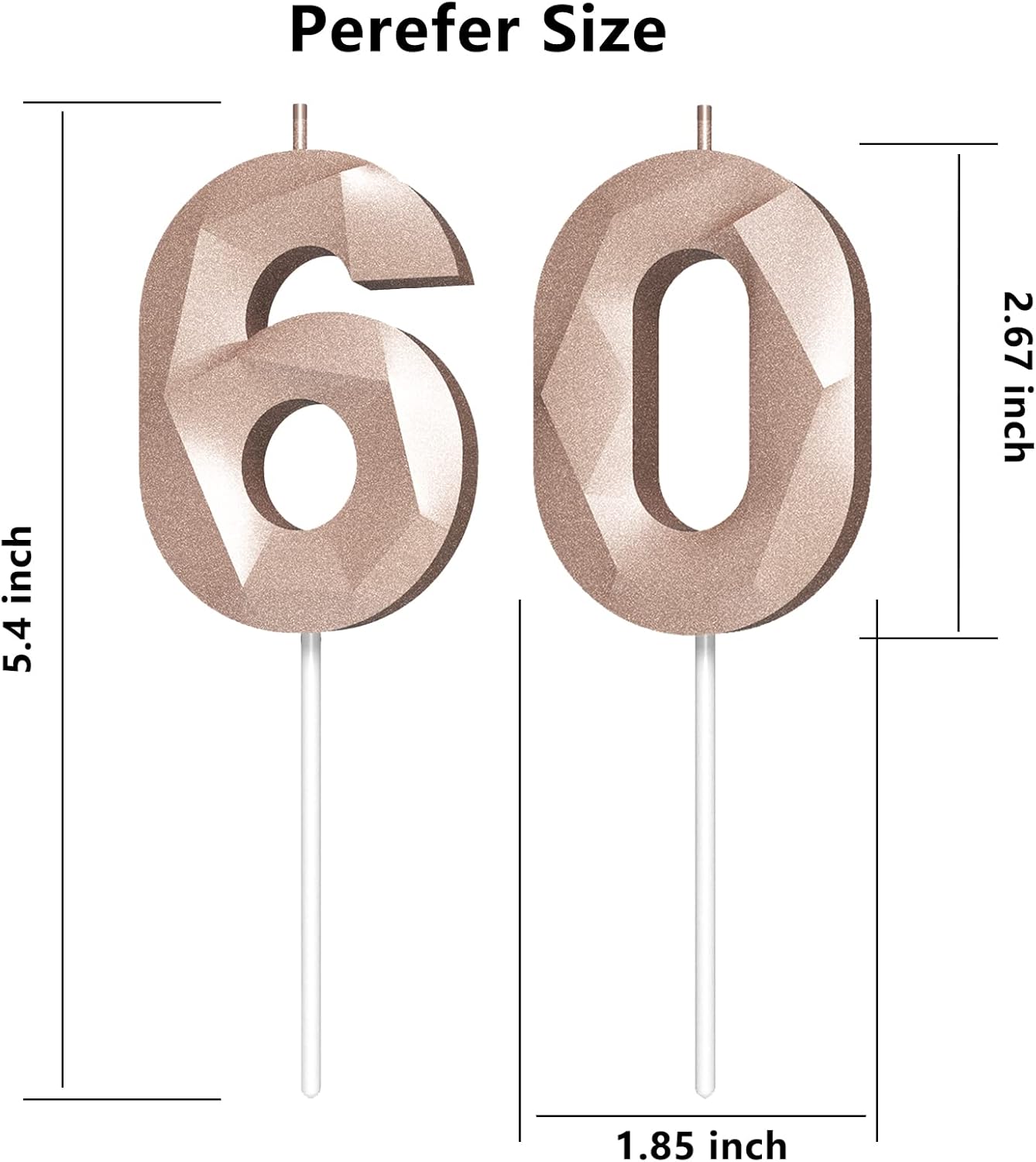 Number Birthday Candles(60 Candle Rose Gold) 3D Diamond Shape Number Happy Birthday Cake Candles for Birthday Party Wedding Decoration Reunions Theme Party