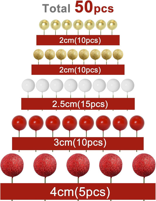 ASTARON 50 Pcs Ball Cake Topper Sticks Mini Balloons for Cake Decorating Supplies Foam Balls for Graduation Cake Birthday Cake Toppers Decorations (Gold，Red Series)