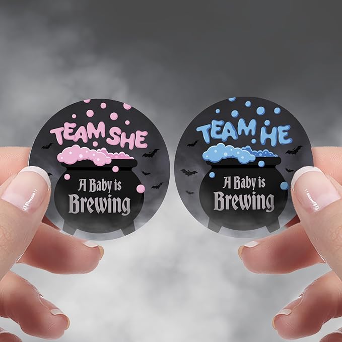 Baby is Brewing Halloween Gender Reveal Party - Bubbling Witch Cauldron Team He or Team She - 40 Stickers - Pink Blue