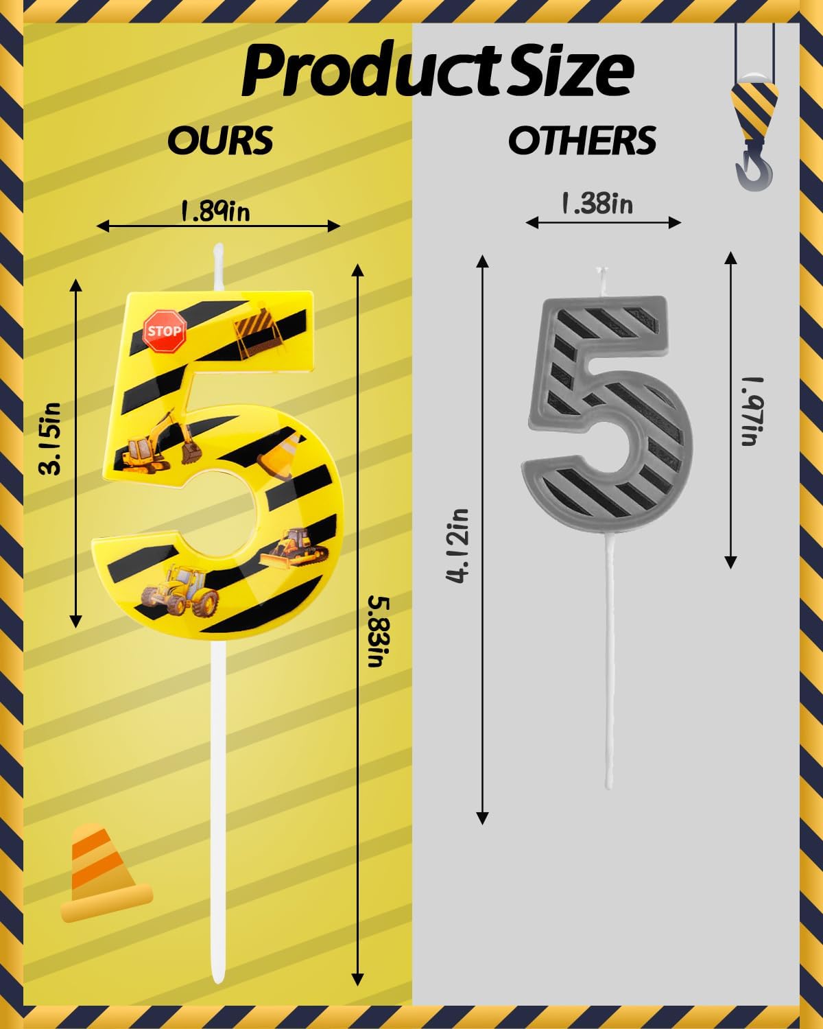 Number 5 Construction Birthday Candle, 2.68 Inch Yellow and Black Striped Candle, Birthday Candles Numbers Construction Cake Topper for Boys Girls, Construction Birthday Party Supplies Decorations