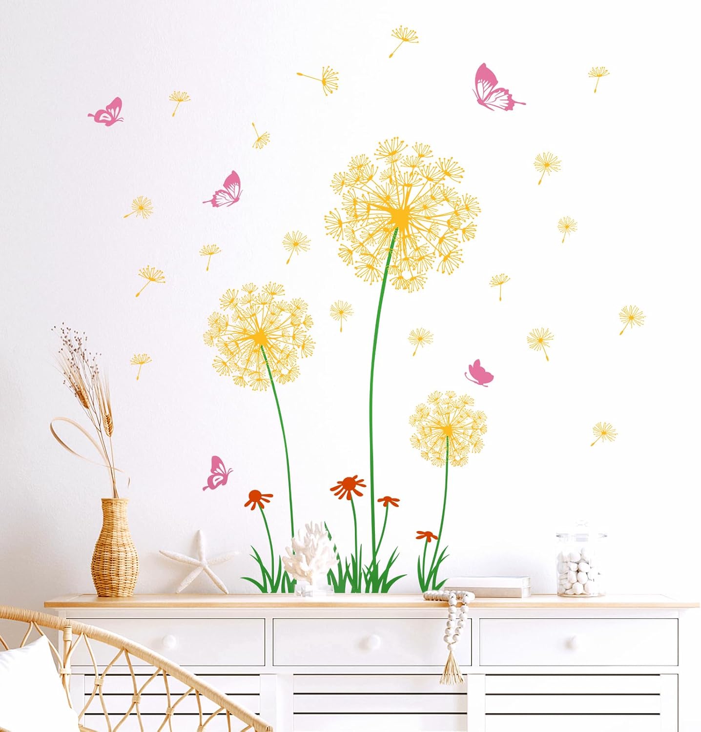 Supzone Yellow Dandelion Wall Stickers Flower Wall Decals Pink Butterflies Wall Decors Wall Art Stickers for Bedroom Living Room Sofa Backdrop TV Wall Decoration