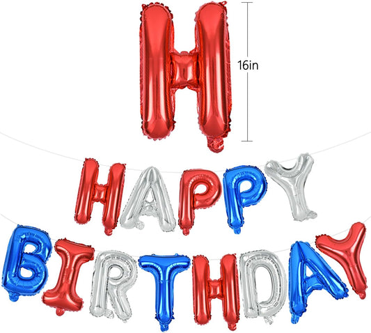 TONIFUL Happy Birthday Balloons Banner 16 Inch Mylar Letters Birthday Sign Banner Balloon Bunting Reusable for Patriotic Party Supplies Independence Day Labor Day Birthday Party（Blue Silver Red）