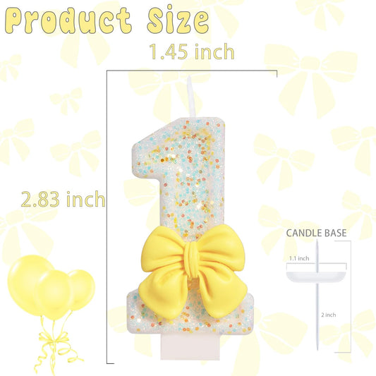 Birthday Candle for Cake, Yellow Bow Cake Candles, Cake Topper Decoration for Birthday Party (Number 1)