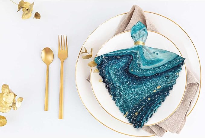 Blue Paint Gold Powder Cloth Napkins Set of 4 Soft Marble Swirls Agate Ripples Bright Ink Water Polyester Dinner Square Napkin for Family Restaurant Weddings Parties 18 x 18 inch