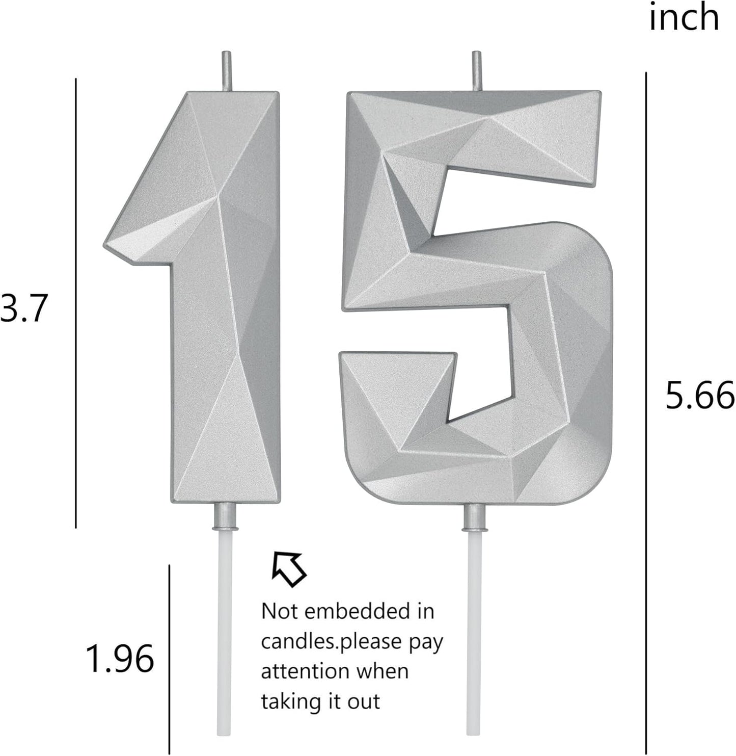 DERVENTA Birthday Candle Big Number 3D Silver 3.7 inch Party Celebration Anniversary Decoration Cake Topper 1 Piece (Number 15 Silver)