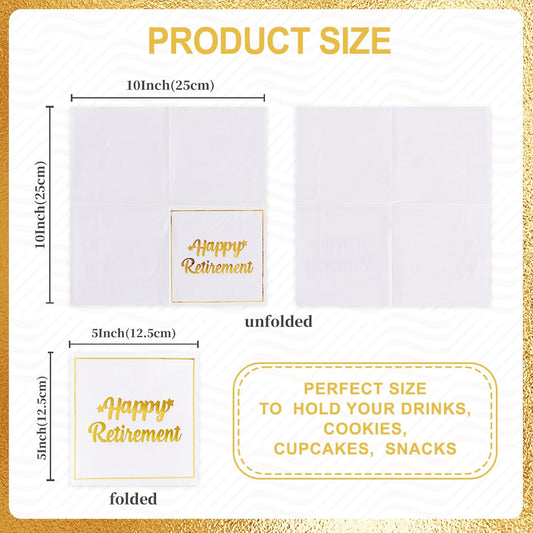 Vuzvuv 50 Pack Happy Retirement Cocktail Napkins - Disposable Paper Hand Napkins for Retirement Parties Farewell Gatherings Office Send-Off Party Decorations Table Decor (5" Folded 2 Ply - White)