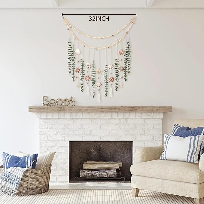 Artificial Eucalyptus Wall Decor with Seashell Coastal Decor Natural Home Decorations Hanging Wooden Bead Garland for Large Bedroom Bathroom Living Room, 32 x 32 Inch