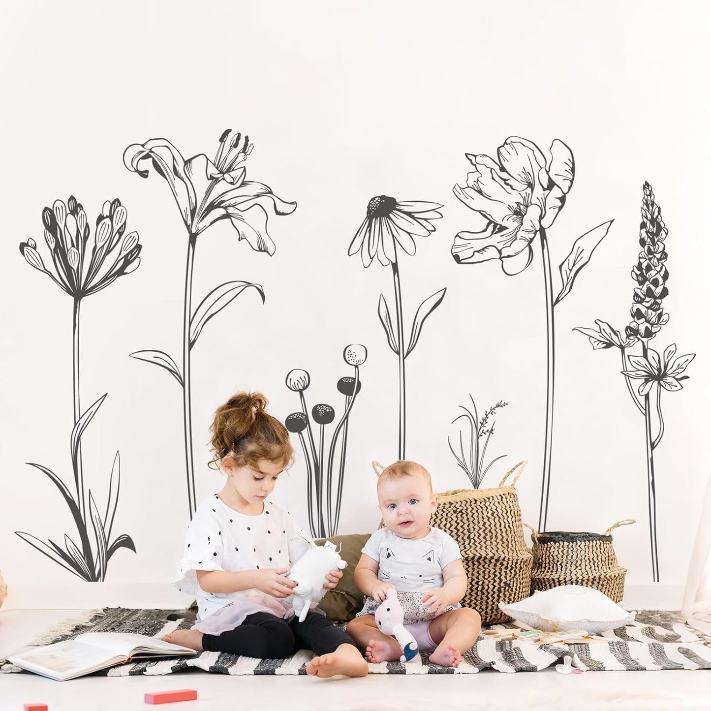 Large Boho Black Flower Wall Decals Simple Sketch Wildflower Floral Wall Stickers for Girls Bedroom Living Room Bathroom Office Adult Home Decor