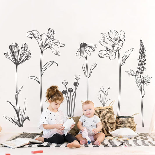 Large Boho Black Flower Wall Decals Simple Sketch Wildflower Floral Wall Stickers for Girls Bedroom Living Room Bathroom Office Adult Home Decor