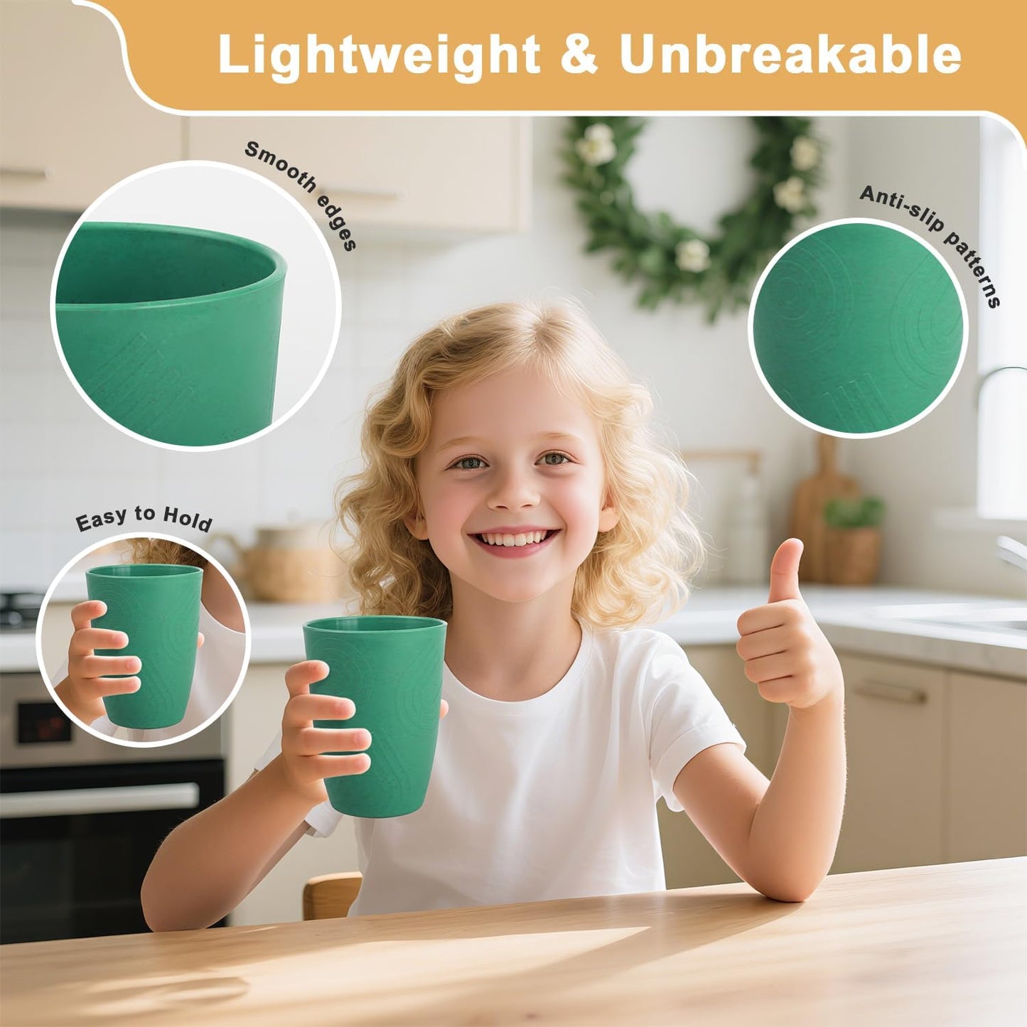 Glasses Drinking Set 6 PCS - Wheat Straw Cups Lightweight Plastic Cup Set 12 OZ Unbreakable Cups Microwave and Dishwasher Safe Water Tumbler, Kitchen Cup for Picnics, Camping, RV - Green