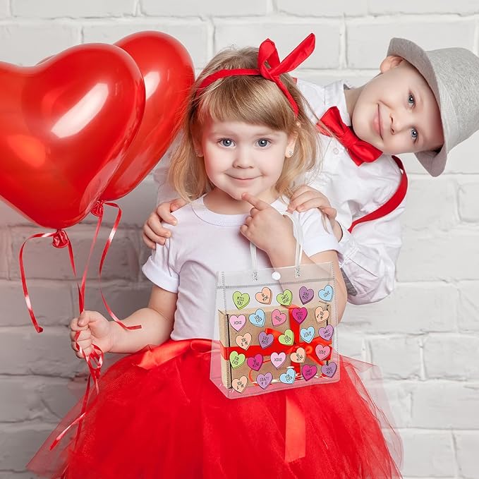 H1vojoxo Valentine's Day Gift Bags - 24PCS Valentine's Day Clear Gift Bags with Handle Clear PVC Valentines Party Favor Bag Plastic Valentine Conversation Heart Candy Treat Goodie Bag for Party Supply