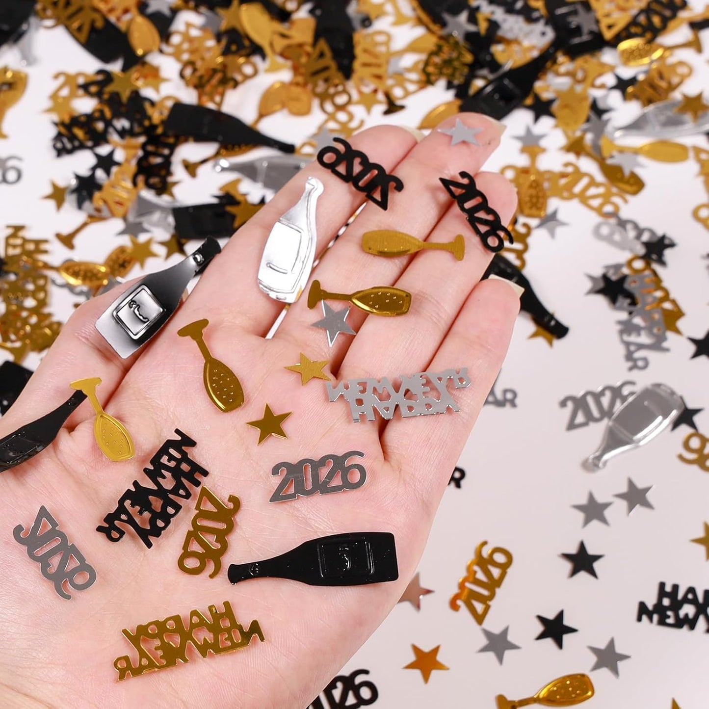Happy New Year 2026 Confetti, Gold Black and Silver Star Wine Bottle Sprinkles Table Scatter Confetti for New Years Eve Decorations