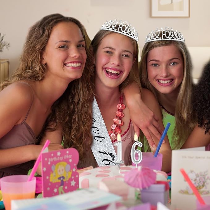 Sweet 16 Party Decorations for Girls with Sweet 16 Sash Silver, Rhinestone 16th Birthday Tiara, 16 Candles Silver, 16th Birthday Gifts for Girls