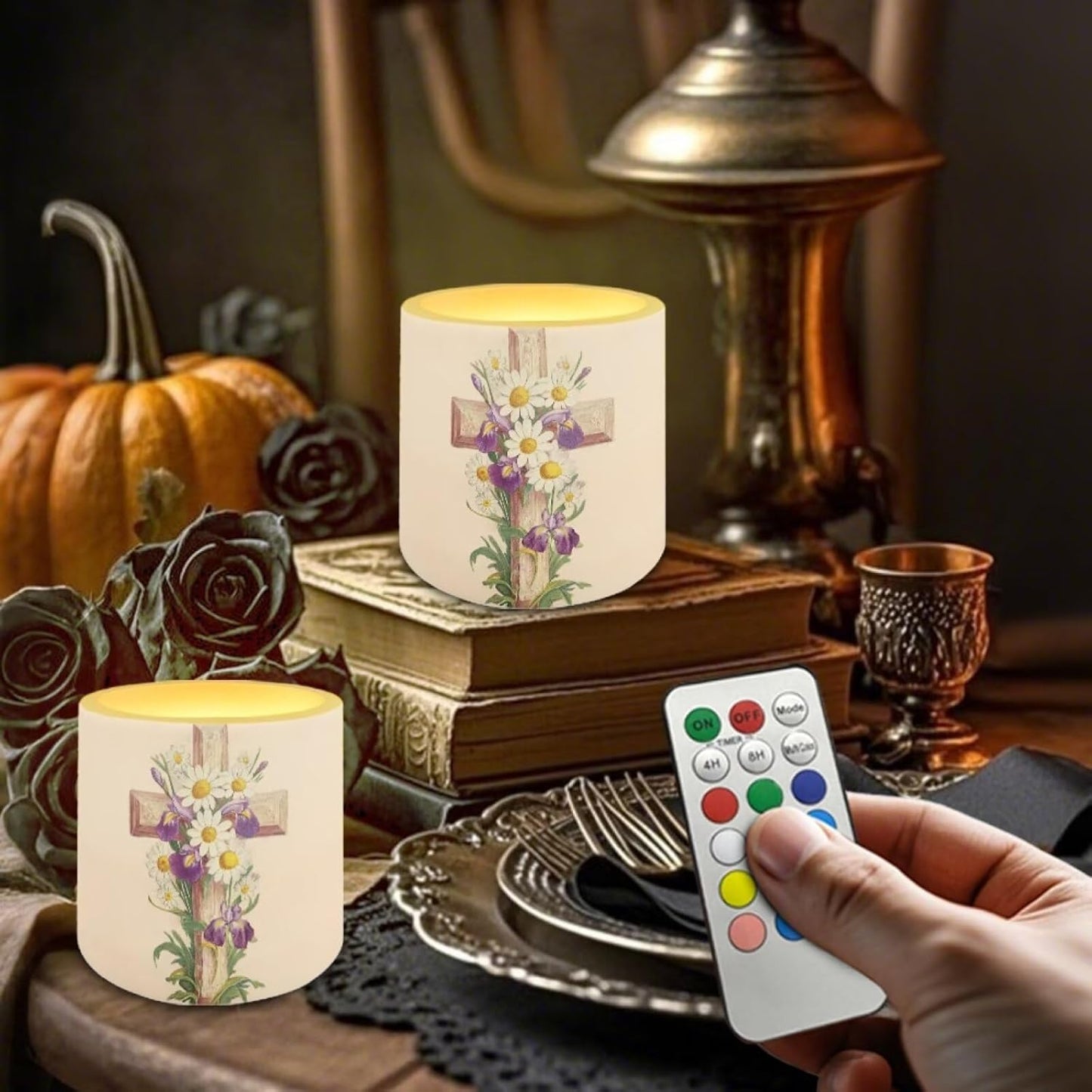 Poceacles 4 Pack Flameless LED Candles with Remote Timer, Multi-Color Battery Powered Flameless Tealights for Living Room Bedroom Home Decor, Cross Daisy Violet Flower Beige